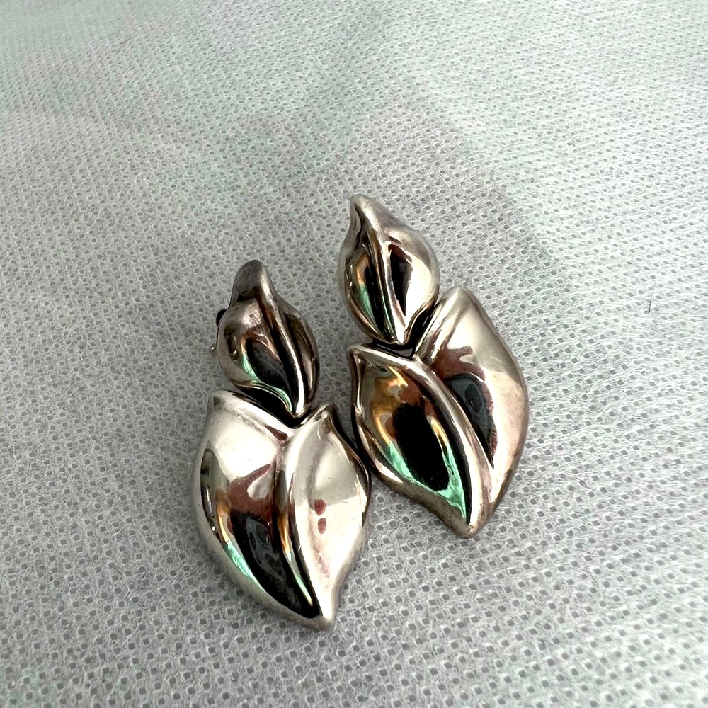 925 Silver Heart Flower Floral Leaf Abstract Art Statement Earrings VTG Jewelry